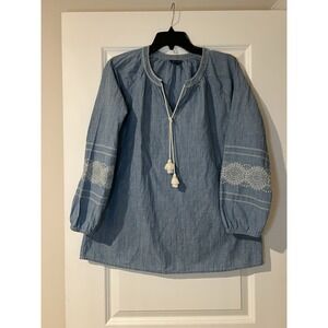 J Jill Women's Denim 3/4 Sleeve Embroidered Top‎ Size medium